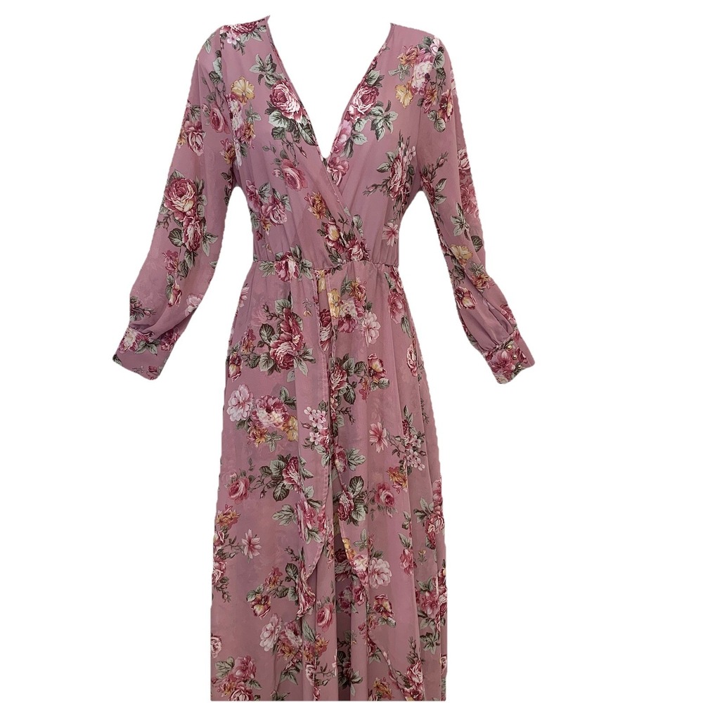 Steps Dusty Pink Floral Boho Maxi Dress Small Long Sheer Sleeve Flowy Fairy‎